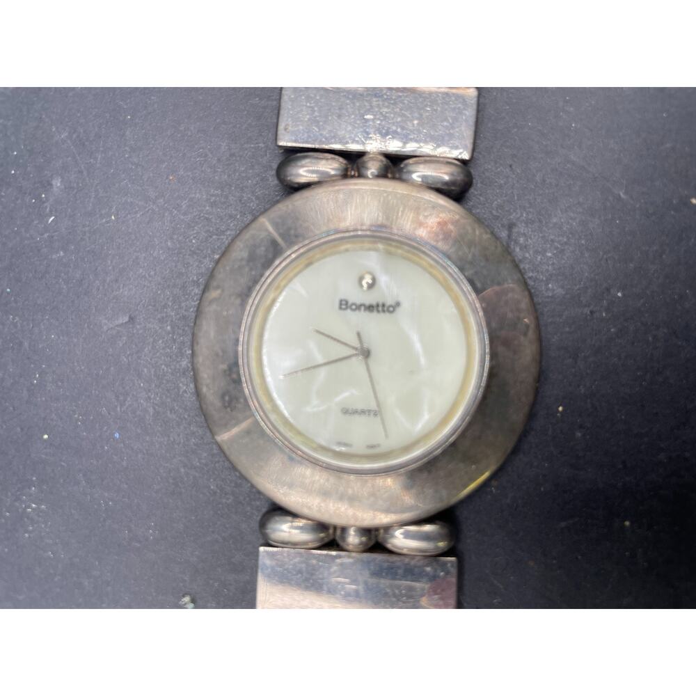 Vintage Bonetto White MOP Dial Silver Tone Statement Band Quartz Watch 47mm